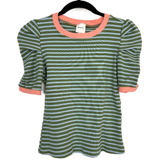 Anthropologie Maeve Ribbed Striped Puff Sleeve Top Green/Blue Small - Picture 2 of 9
